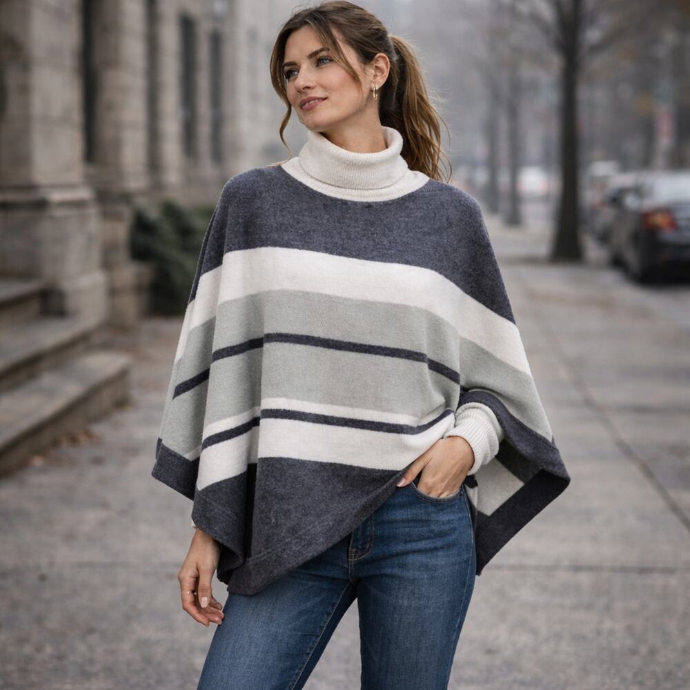 Barefoot Dreams Plus CozyChic UL Ocean Breeze Poncho Blue Water Multi Stripe NWT